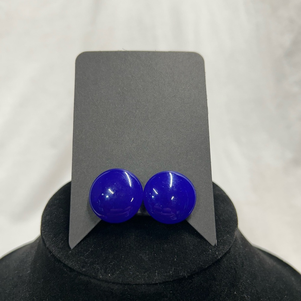 Vintage Cobalt Blue Button Earrings Clip/Screw On Domed Round Retro 80s 90s